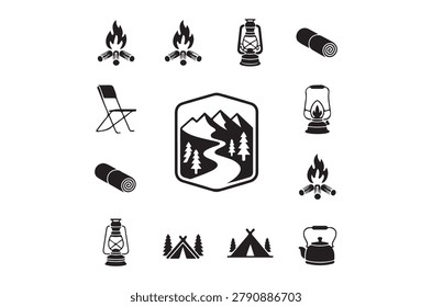 vector illustration of camping icons including fire, lantern, tent, chair, sleeping bag, kettle, mountains, river, trees.