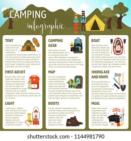 Vector illustration of camping infographic. Collection of different hiking icons. Isolated on white background. Cartoon and flat style of traveling facilities.
