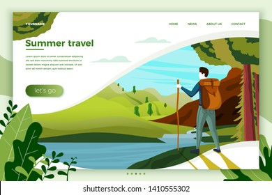 Vector illustration - camping man with mountains, river, trees on background. Banner, site, poster template with place for your text.