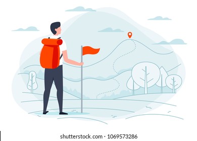 Vector illustration - camping man. Park, forest, trees, mountains on background. Banner, poster template with place for your text.