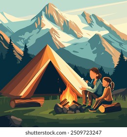 Ilustração vetorial de acampar nas montanhas com a mãe e a filha sentadas ao lado do fogo perto da tenda e marshmallows assados. Picos cobertos de neve e pinheiros são visíveis no fundo.