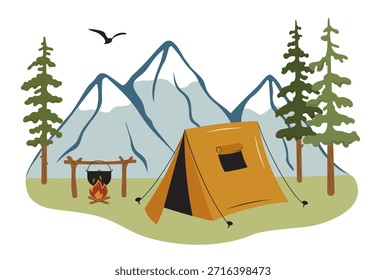 Ilustración vectorial de acampar en las montañas. Tienda en un prado herboso con pinos, fogata con olla colgante, picos de montaña en el fondo y un pájaro volador. Estilo minimalista plano