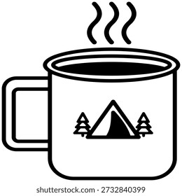 Vector illustration of a camping mug with steam, featuring a minimalist tent and pine trees Designed for outdoor adventure themes
