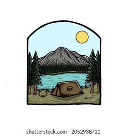 Vector illustration of Camping in the nature, with view of mountain, lake, tent using for clothing, printing, logo, emblem. Hand drawn vintage logo