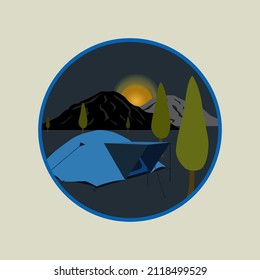 ilustración vectorial de camping por la noche, con una tienda, montañas y árboles de abeto como fondo.