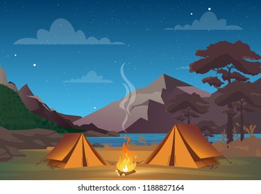 Vector illustration of camping in night time with beautiful view on mountains. Family camping evening time. Tent, fire, forest and rocky mountains background, night sky with clouds.