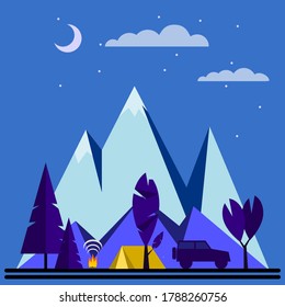 vector illustration of camping on mountain landscape in the night