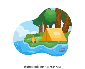 Vector illustration camping on the nature forest near the river with tend and bonfire.
Cartoon tourist camp with tent among forest and near river.
Suitable for web, landing page, print, book, etc