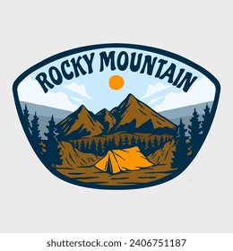 VECTOR ILLUSTRATION CAMPING OUTDOOR CAMPER CAMP ON ROCKY MOUNTAIN NATIONAL PARK BADGE DESIGN
