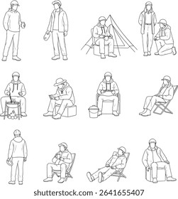 Vector Illustration of Camping People – Hand-Drawn Figures of Men, Women, and Children Engaged in Outdoor Activities like Sitting, Walking, and Preparing Camps for Architectural and Recreational Desig