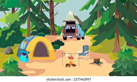 Vector illustration of a camping place with a tent in the sunny forest. Creative banner, poster, blog post or flyer for a campout in a flat cartoon style.