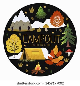 Vector illustration of a camping place with a tent in the autumn forest with wild nature, trees, mushrooms and mountains. Autumn mood round print that can be used for t-shirt design, greeting cards.