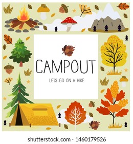 Vector illustration of a camping place with a tent in the autumn forest with wild nature, trees, mushrooms and mountains. Autumn mood square frame that can be used for print designs, greeting cards.