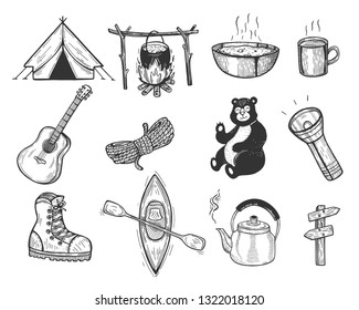 Vector illustration of camping set. Tent, pot, bonfire, fire, metal mug and plate, guitar, rope, bear, lantern, light, boot, canoe, kettle, road sign. Vintage hand drawn style.