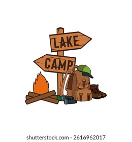 vector illustration of a camping signpost and campfire