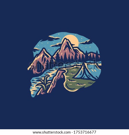 Vector illustration of camping skull, hand drawn line with digital color