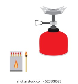 Vector illustration camping stove flat icon. Portable gas burner. Hiking, camping equipment. Vector illustration burning match stick. Burn match icon. Opened matchbox