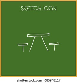 Vector Illustration Of Camping Symbol On Table With Chair Doodle. Premium Quality Isolated Picnic Element In Trendy Flat Style.