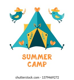 Vector illustration of camping tent, birds in hat and hand drawn inscription Summer camp - Scandinavian style - Isolated on white