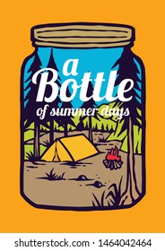 Vector illustration of camping tent inside forest in the summer with clear sky and beautiful outdoor background.