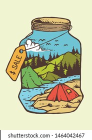 Vector illustration of camping tent near lake with beautiful nature mountain landscape and sky inside a bottle in retro style 80s graphic