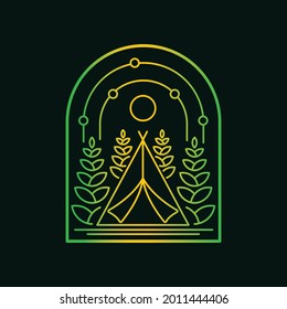 Vector illustration of camping tent and tree in mono line style for badge, emblem, patch, t-shirt, etc.