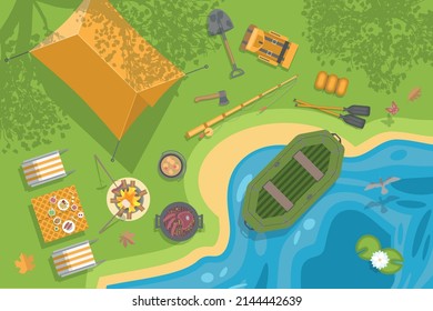 Vector illustration. Camping with a tents  and campfire. Top view. 