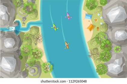 Vector Illustration. Camping With Tents, Fire And Kayaks On The Beach. Top View.