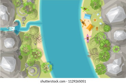 Vector Illustration. Camping With Tents, Fire And Kayaks On The Beach. Top View.