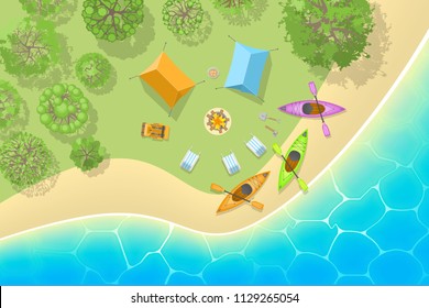 Vector illustration. Camping with tents, fire and kayaks on the beach. Top view.