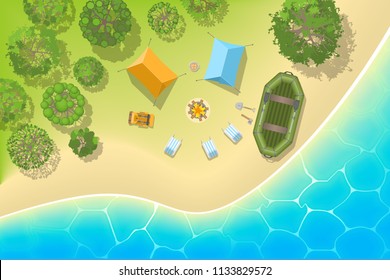 Vector Illustration. Camping With Tents, A Fire And A Rubber Inflatable Boat On The Beach. Top View.