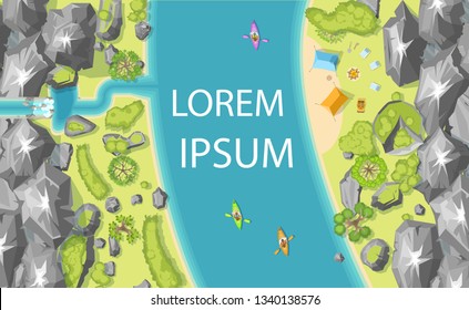 Vector illustration. Camping with tents, fire and kayaks on the beach. Top view.