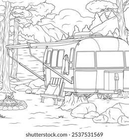 Vector illustration, camping in a trailer, coloring