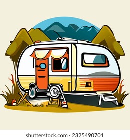 Vector illustration of a camping trailer with a mountain landscape in the background.