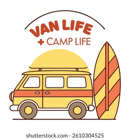 vector illustration of a camping van and surf board