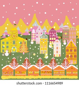 Vector illustration. Can be printed and used as wrapping paper, wallpaper, textile, fabric, etc. Vector with houses and wild forest life with mountans. Picture on pink, yellow and green colors.