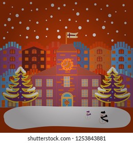 Vector illustration. Can be printed and used as wrapping paper, wallpaper, textile, fabric, etc. Vector with houses and wild forest life with mountans. Picture on orange, white and pink colors.