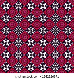 Vector illustration. It can be used in the design of textiles, in the printing industry. Kaleidoscopic seamless pattern in brown, red and magenta colors.