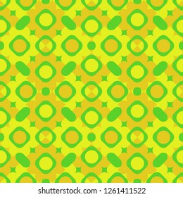 Vector illustration. It can be used in the design of textiles, in the printing industry. Kaleidoscopic seamless pattern in orange, green and yellow colors.