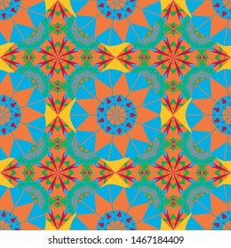 Vector illustration. It can be used in the design of textiles, in the printing industry. Kaleidoscopic seamless pattern in orange, blue and green colors.