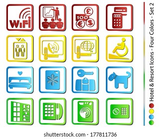 Vector illustration, can be used at any size. Each icon is available in 4 colors (green, yellow, blue and red). Shadows could be deleted. 