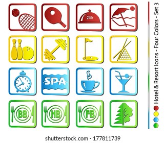 Vector illustration, can be used at any size. Each icon is available in 4 colors (green, yellow, blue and red). Shadows could be deleted.
