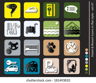 Vector illustration, can be used at any size. Each icon is available in 8 colors (green, dark green, yellow, teal, gray, light gray, beige, light beige).  