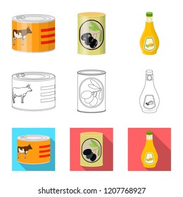 Vector illustration of can and food logo. Collection of can and package stock symbol for web.