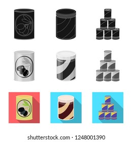 Vector illustration of can and food logo. Set of can and package stock symbol for web.
