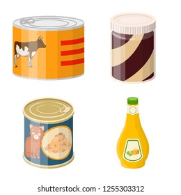 Vector illustration of can and food logo. Set of can and package vector icon for stock.