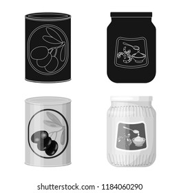 Vector illustration of can and food sign. Collection of can and package vector icon for stock.