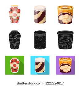 Vector illustration of can and food sign. Collection of can and package stock vector illustration.