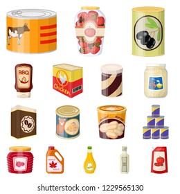 Vector illustration of can and food sign. Set of can and package stock vector illustration.