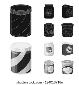 Vector illustration of can and food sign. Collection of can and package vector icon for stock.